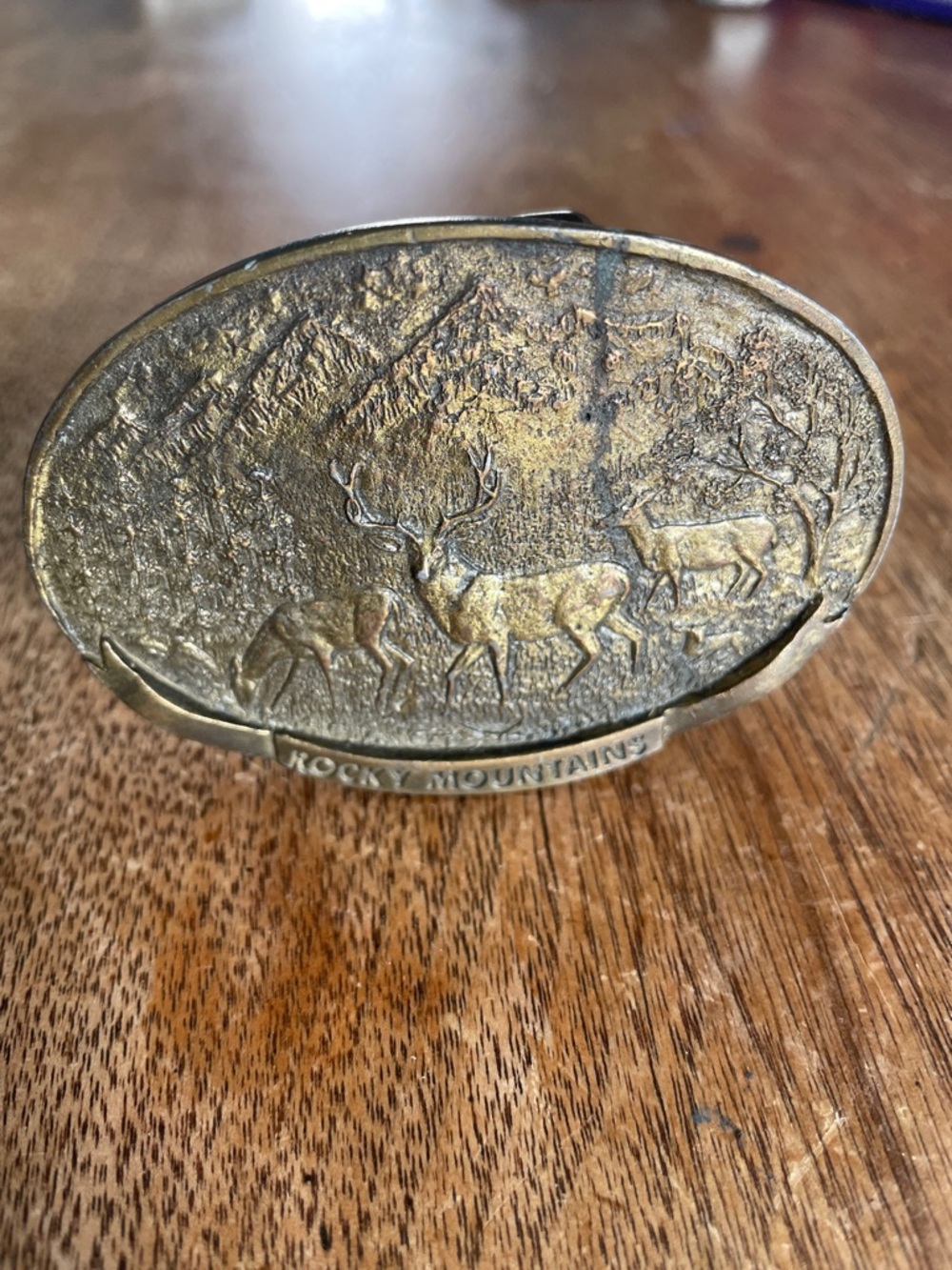 Vintage Rocky Mountains Brass Deer Belt Buckle - Bronze Finish